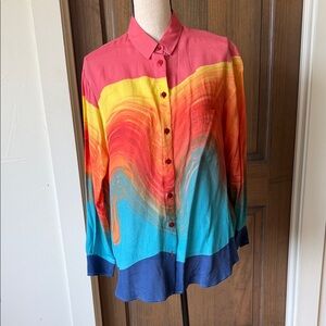 Women's Multicolor Wave Print Button-Down Shirt - Vibrant Coral & Teal